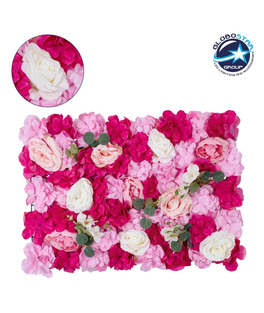 GloboStar® Artificial Garden ROSALIE 78335 Τεχνητό Διακοσμητικό Πάνελ Λουλουδιών - Κάθετος Κήπος σύνθεση Ροζαλί Μ60 x Π40 x Υ6cm